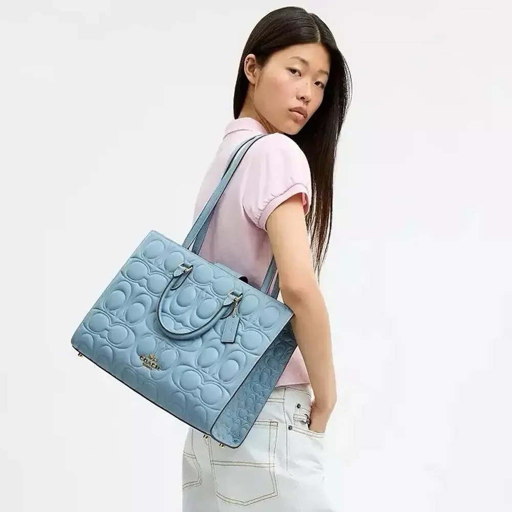NWT Coach Maggie Large Tote Bag in Signature CY672 smooth leather Gold/Azure